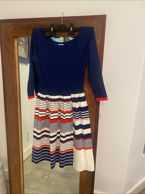 Milly Navy, Red & White Striped Pleated Kids Dress